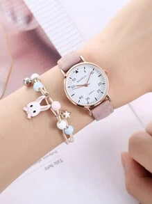 2 件/套简约可爱阿拉伯表盘哑光表带石英表 + 兔子手链，适合生日、万圣节、礼物（无盒）