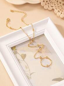 單圈珠子時尚、簡潔、優雅、淑女風格、金屬鏈條手指鏈，適合日常和通勤穿戴 - 金黃色 - 查看 4