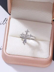 1pc Original  Faith Cross-Shaped Ring With Metal Inlay And Rhinestone Opening Design