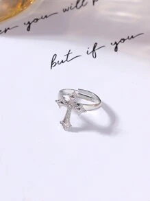 1pc Original  Faith Cross-Shaped Ring With Metal Inlay And Rhinestone Opening Design