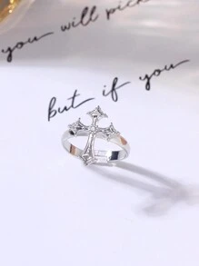 1pc Original  Faith Cross-Shaped Ring With Metal Inlay And Rhinestone Opening Design