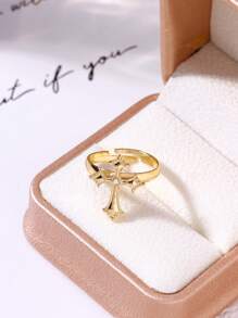 1pc Original  Faith Cross-Shaped Ring With Metal Inlay And Rhinestone Opening Design