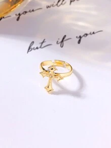 1pc Original  Faith Cross-Shaped Ring With Metal Inlay And Rhinestone Opening Design