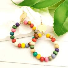 Một Đôi Bông Tai Vòng Gỗ Phong Cách Bohemian Màu Sắc Ngẫu Nhiên Cho Nữ Với Hạt 6 Mm, Bông Tai Phong Cách Tối Giản Ngọt Ngào Và Tươi Mát Từ Nhật Bản, Hàn Quốc, Châu Âu Và Châu Mỹ - Một cặp khuyên tai - Xem 2