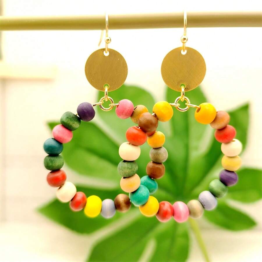 Một Đôi Bông Tai Vòng Gỗ Phong Cách Bohemian Màu Sắc Ngẫu Nhiên Cho Nữ Với Hạt 6 Mm, Bông Tai Phong Cách Tối Giản Ngọt Ngào Và Tươi Mát Từ Nhật Bản, Hàn Quốc, Châu Âu Và Châu Mỹ - Một cặp khuyên tai - Xem 1