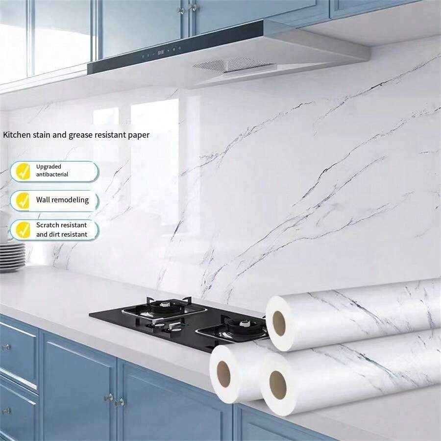 1入組塑料廚房大理石紋卷貼紙防水、防油、厚實、耐高溫、自粘牆紙、牆貼，適用於家庭爐灶和牆壁裝飾