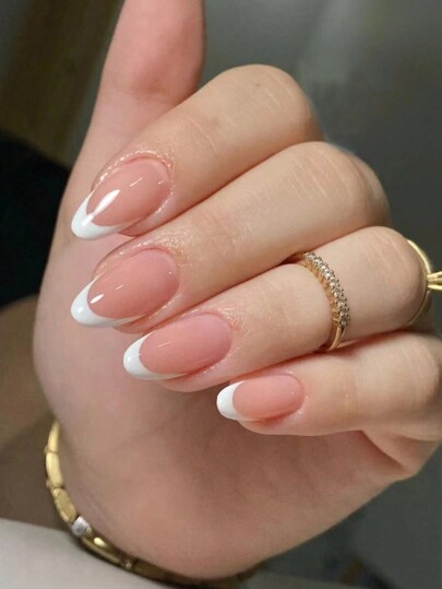 Actualice su elegancia con este juego de 30 uñas postizas de estilo francés sencillo con forma de almendra, adecuado para uso diario de las niñas. Suministros de uñas para pegar. uñas falsas uña falsa uña acrílica