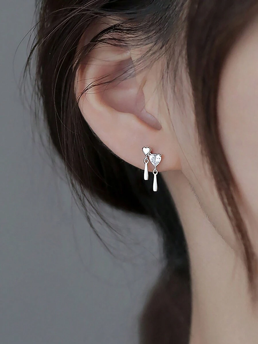 1 đôi bông tai hình giọt nước hình trái tim bằng đá Cubic Zirconia, thiết kế độc đáo, mặt dây chuyền tai tối giản và tinh tế, trang sức tai cho phụ nữ, quà tặng - Bạc - Xem 1