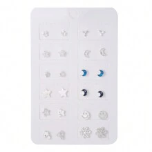 RINTOLER 12 对女士简约雪花、五角星、笑脸、月亮设计耳钉套装 - 銀色 - 查看 5