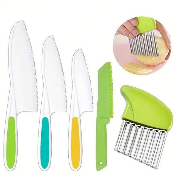 5pcs Kids Safe Cooking Knives Set, Nylon Kids Kitchen Knife With Crinkle Cutter And Serrated Edges, Plastic Toddler Knives For Real Cooking And Cutting Fruits, Bread, Lettuce