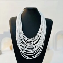 1 pieza de collar tejido a mano de cuentas de arroz multicapa con un unicolor bohemio, cadena de playa de verano - Collar de cuentas de arroz multicapa - Ver 12