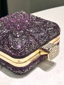 1pc Purple Two-Sided Rhinestone Embellished Fashion Square Box Clutch Bag, Suitable For Formal Events, Weddings, Parties, Perfect Accessory For Evening Dresses, With Detachable Metal Chain Strap