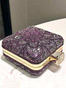 1pc Purple Two-Sided Rhinestone Embellished Fashion Square Box Clutch Bag, Suitable For Formal Events, Weddings, Parties, Perfect Accessory For Evening Dresses, With Detachable Metal Chain Strap