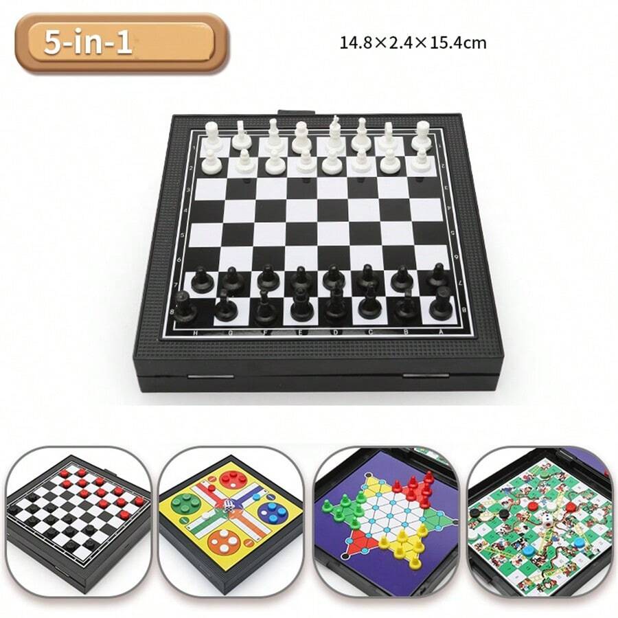 5 合 1 磁性可折叠国际象棋棋盘游戏，包括跳棋、西洋双陆棋、蛇梯棋、飞行棋和国际象棋，适合家庭聚会和派对游戏，成人派对游戏适合万圣节/圣诞节/感恩节 - 彩色 - 查看 1