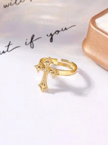 1pc Original  Faith Cross-Shaped Ring With Metal Inlay And Rhinestone Opening Design
