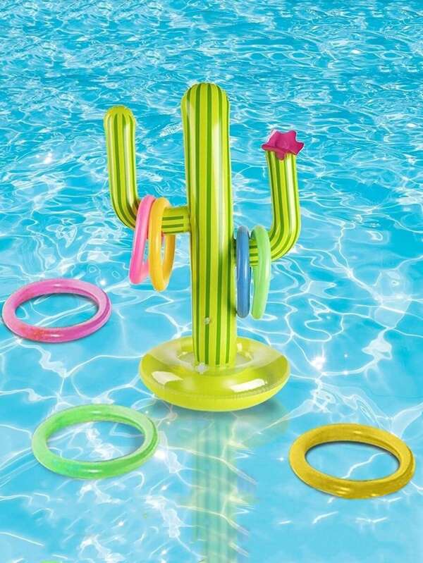 1 pieza de Juguete inflatable de juego de lanzamiento de aros en forma de cactus de PVC, de 24.8 pulgadas de altura y 11.8 pulgadas de diámetro de base, viene con 4 aros de colores al azar, adecuado para juego de lanzamiento en la piscina y en la playa