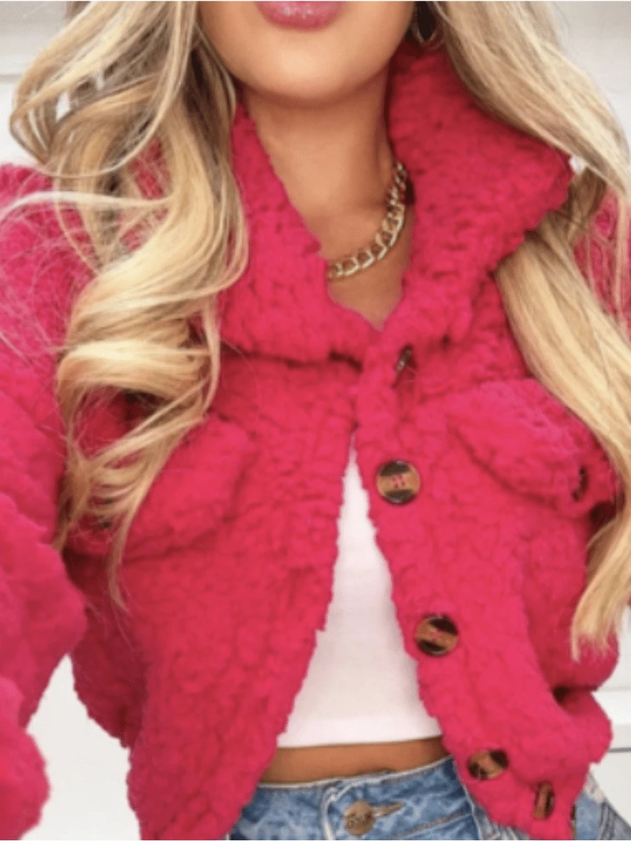 Jaqueta Teddy de Botão Moda Felpudo Pelo Casaco Feminino - Cereja - Visão 1