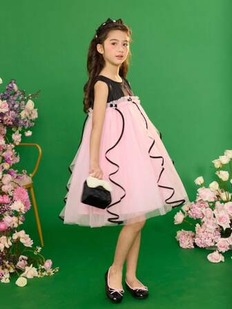 Dimu Tween Girl 2024 Summer New Hepburn Style Patchwork Gauze Dress Little Girl Sleeveless Princess Dress