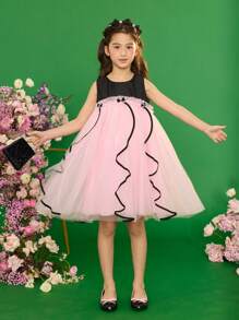 Dimu青少女2024夏季新款赫本風格拼接紗質裙，小女孩無袖公主裙 - 粉色 - 查看 5