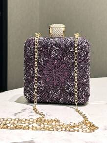 1pc Purple Two-Sided Rhinestone Embellished Fashion Square Box Clutch Bag, Suitable For Formal Events, Weddings, Parties, Perfect Accessory For Evening Dresses, With Detachable Metal Chain Strap