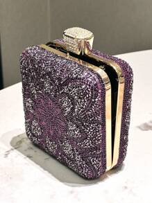 1pc Purple Two-Sided Rhinestone Embellished Fashion Square Box Clutch Bag, Suitable For Formal Events, Weddings, Parties, Perfect Accessory For Evening Dresses, With Detachable Metal Chain Strap