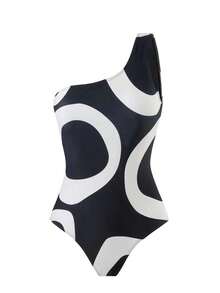2pcs Women Contrast Color Print High Waisted Retro Monokini Swimsuit Summer - Black and White - View 3