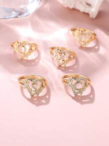 Tsnamer 1枚精美立方氧化锆金色字母心形戒指，26个字母A-Z可定制姓名花朵图案，可调节开口手镯式戒指，适合女性和女孩日常佩戴，生日珠宝礼物 - 金色 - 查看 5