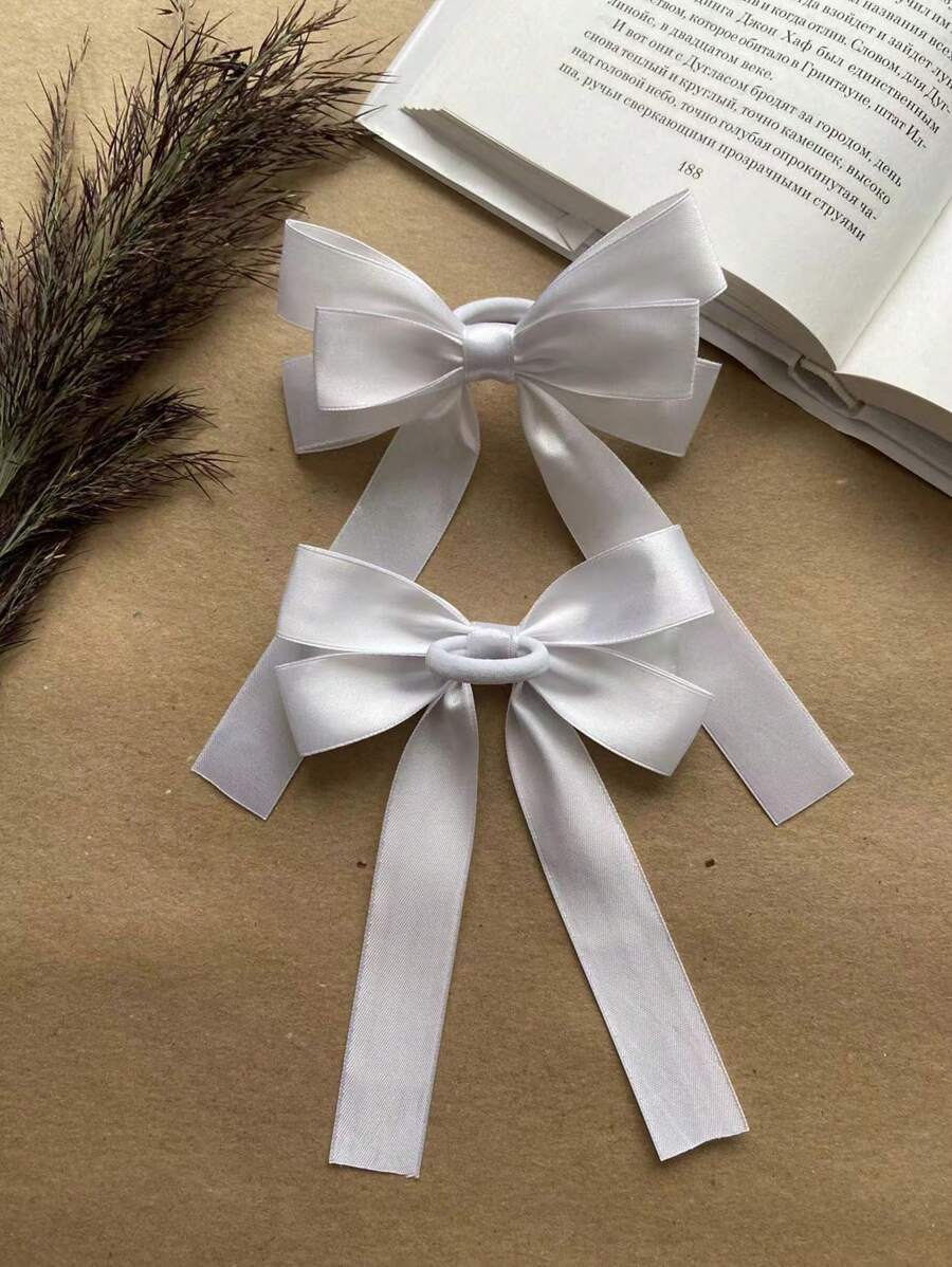 2pcs White MultiLayer Bow Scrunchies For Girls, Elastic Hair Ties