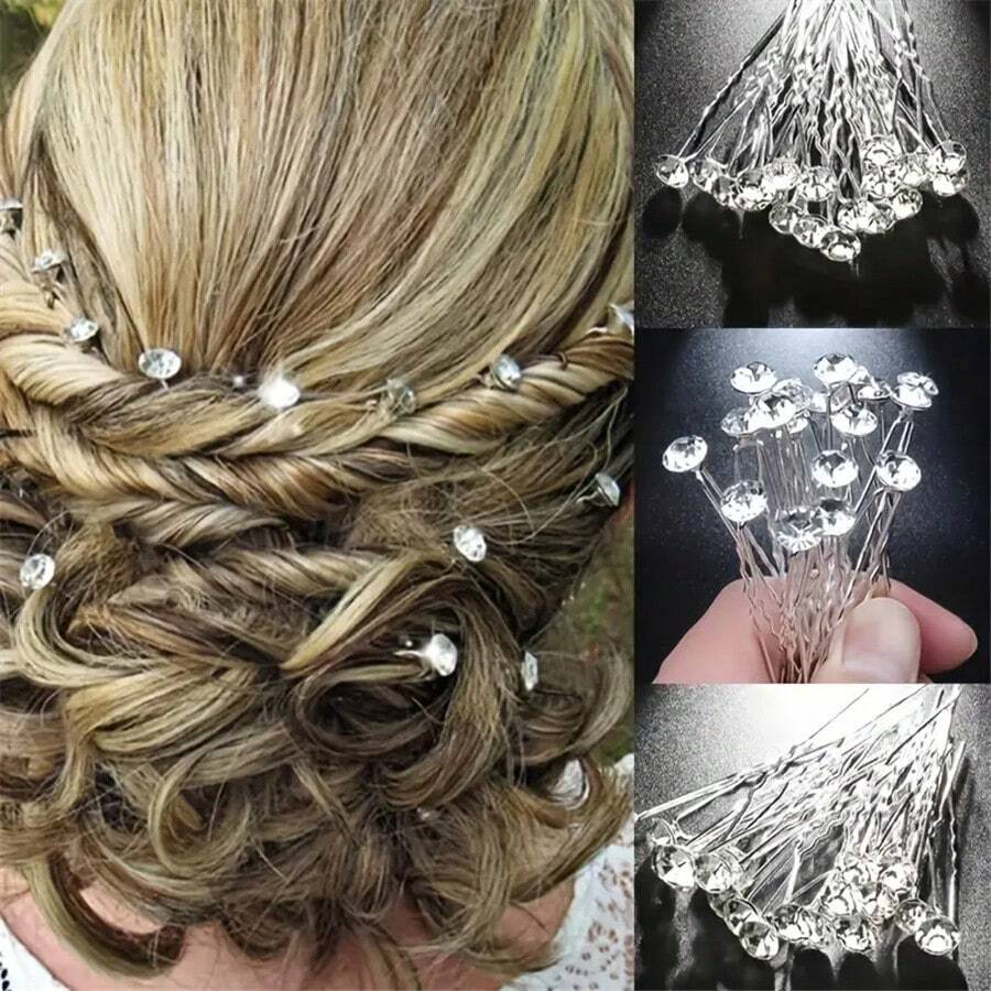 20 Stück/Set glitzernde Kristall Strass Haarspangen, U-förmige Haarnadeln, transparente Strass Braut Hochzeit Bouquet Haarzubehör, Sommer, Strand - Silber - Übersicht 1