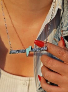 西部風格的綠松石項鍊,帶有英文口號 ,COW BOY COW GIRL YEEHAW HOWDY YALL HEIFER Western Cowboy Turquoise 閃電項鍊,西部風格情侶項鍊,周年紀念禮物 - 復古銀色 - 查看 15