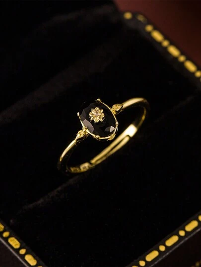 Flyleaf 1pc Vintage Luxury 925 Sterling Silver 14k Gold Plated Synthetic Black Onyx Star Open Ring, Suitable For Daily Wear Premium Jewelry