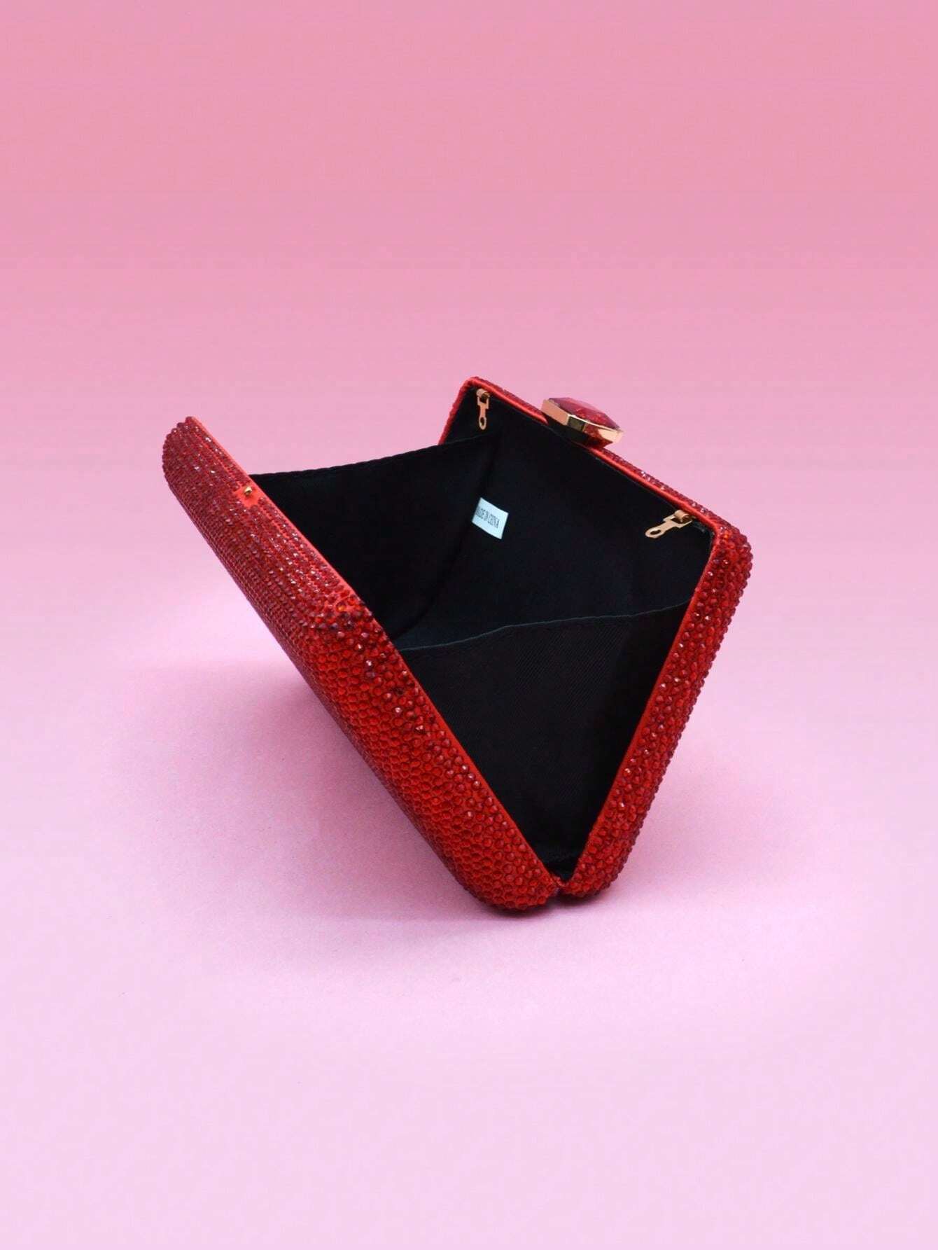 Red encrypted glitter rhinestone evening handbag with artificial