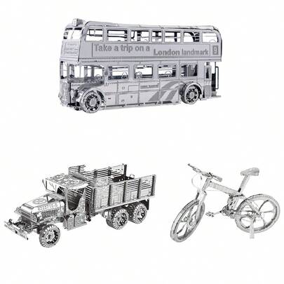 Modelo de Montagem Metálica 3D, Quebra-cabeça de Fivela de Aço Inoxidável DIY, Modelo de Veículo, Sem Necessidade de Cola, Presente de Aniversário, Ornamento Decorativo, Ônibus de Londres, Bicicleta de Montanha, Caminhão 6X6 de 2,5 Toneladas