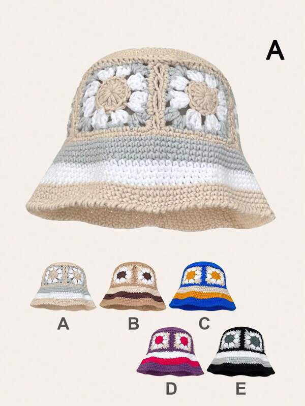 1 peça Chapéu Bucket Masculino Feito à mão em Tricô com Bloco de Cores, Padrão Floral Quadrado e Borda Listrada, Adequado para o Uso Diário na Primavera e Outono