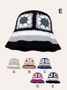 1pc Handmade Knitted Color-Blocked Men Bucket Hat With Square, Floral Pattern & Striped Edge, Suitable For Daily Wear In Spring And Autumn Beanie Fall Outfit - Multicolor - View 5