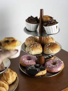 1pc, Stainless Steel Plate + Rubber Wood Column, Cake Stand - Silver - View 5