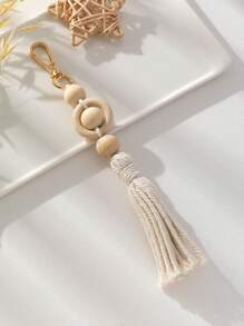 Bag Accessory 1pc Beige Tassel Bag Charm With Wooden Beads Phone Charms - Beige - View 1