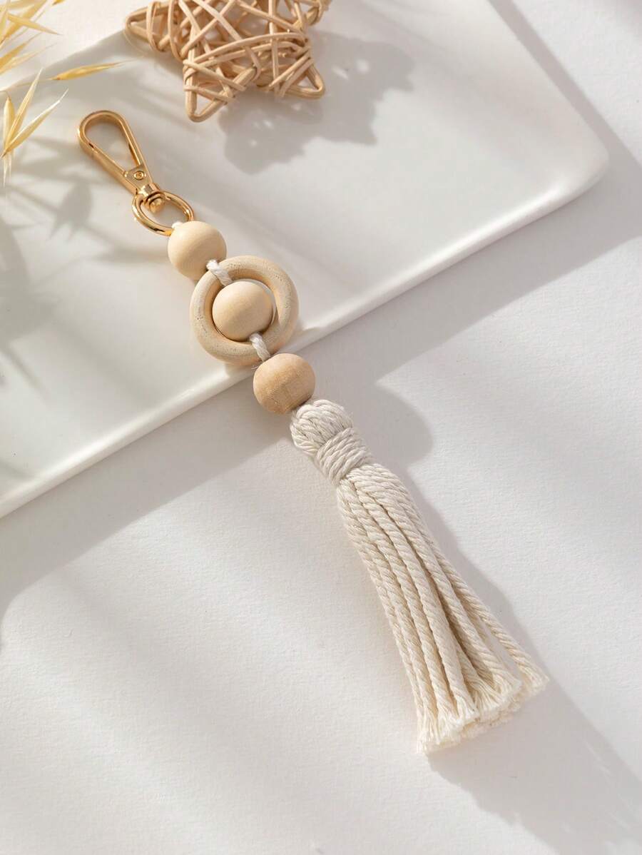 Bag Accessory 1pc Beige Tassel Bag Charm With Wooden Beads Phone Charms - Beige - View 1
