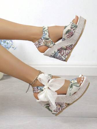 European Women Wedge Heel Platform Sandals With Ribbon Wrap 2024 New Spring And Summer Outdoor Casual Wearable Strap Sandals Model Stage Sexy High Heels Mixed Color Flower Beach Comfortable Peep Toe Shoes Valentines