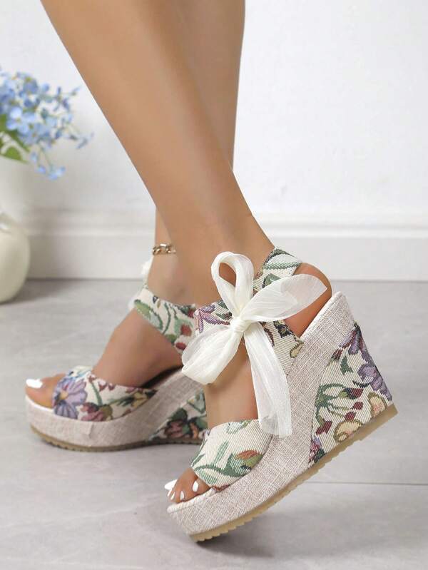 European Women Wedge Heel Platform Sandals With Ribbon Wrap 2024 New Spring And Summer Outdoor Casual Wearable Strap Sandals Model Stage Sexy High Heels Mixed Color Flower Beach Comfortable Peep Toe Shoes Valentines
