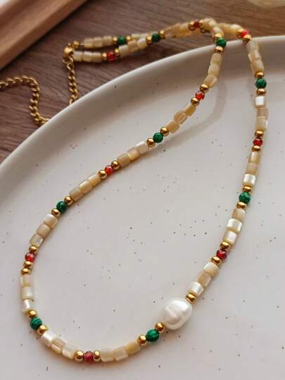 1pc Fashionable Versatile Natural Stone Colorful Beaded Necklace, Suitable For Women's Daily, Date, Party Wear, An Excellent Gift For Loved Ones