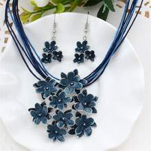 1套藍色花卉吊墜珠寶套裝，復古新娘婚禮項鍊耳環套裝 - 藍色 - 查看 2