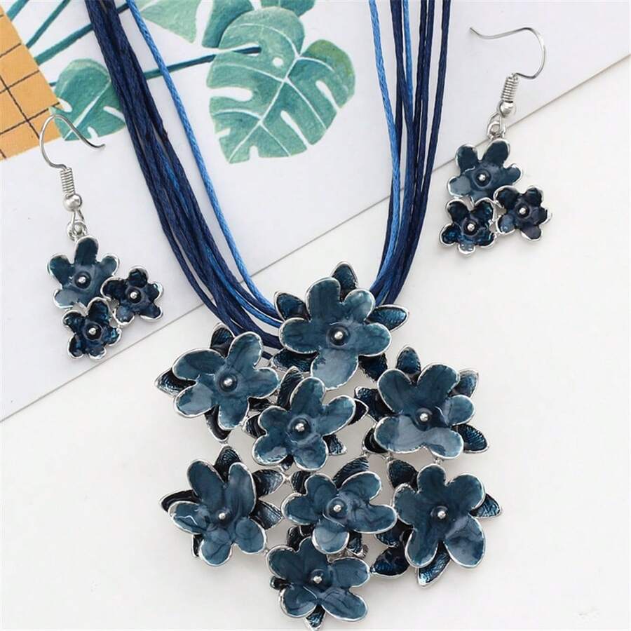 1套藍色花卉吊墜珠寶套裝，復古新娘婚禮項鍊耳環套裝 - 藍色 - 查看 1