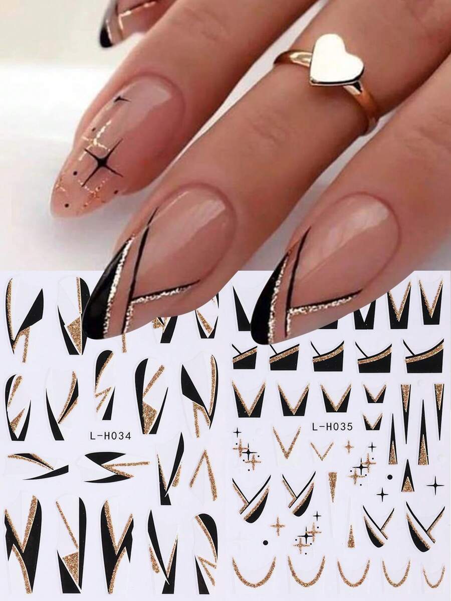 2片亮黑色线条美甲贴纸 3D立体粘贴贴花，金色闪光线条设计，几何星星法式滑块美甲装饰美甲贴片 DIY美甲用品 - 彩色 - 查看 1