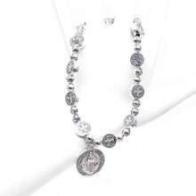 1入組復古925鍍銀男性流行聖本篤和聖猶達彈性手鍊頸鍊組合，時尚中性鋅合金珠寶手鍊頸鍊套裝 - 復古銀色 - 查看 3