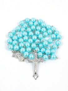 1pc Black & Pink Round Bead & Faux Pearl & Cross Pendant Necklace, Simple Style Sweater Chain - glass bead necklace - View 17