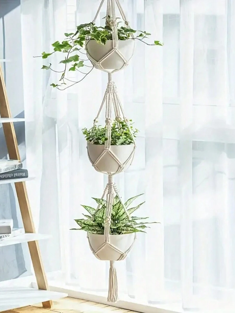 1 件,室内室外花边双层植物挂架,2 层/3 层悬挂花盆篮绳,带珠子,家居装饰,房间装饰,墙壁装饰 - 米色 - 查看 1