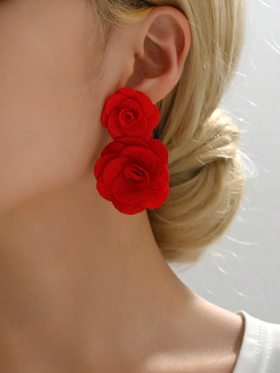 1pair Red Color Fashionable Exaggerated 3d Flower Pendant Earrings For Outdoor Activities And Parties Valentines,Mom,Mother,Mother's Day,Gift
