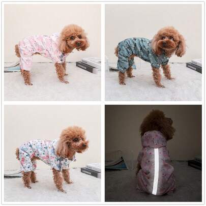 INS韩版卡通印花四脚反光连帽雨衣，户外防风防水防雪泰迪贵宾犬宠物雨衣，徒步防晒服