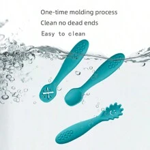 PopLittleOne 3Pcs/Set Unisex Baby Silicone Spoon Fork Set Solid Utensils Toddler Learn To Eat Training Soft Cutlery Children's Tableware - Blue - View 4